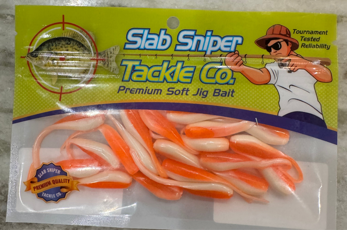 Full retail package of Minnow shape soft plastic crappie jigs in two colors. Shiny orange top with a frosty white under belly