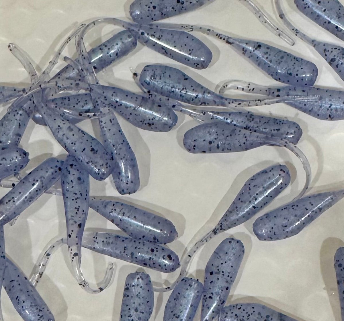 Minnow shaped soft plastic crappie jigs clear translucent body with a dark blue hue and black glitter