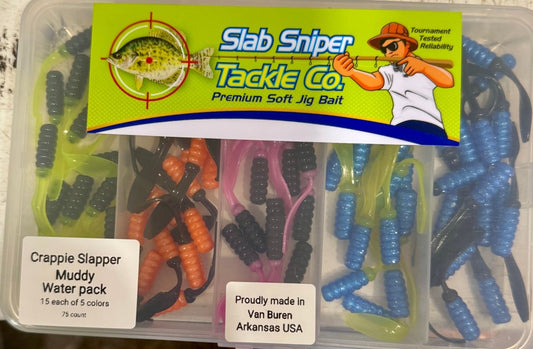 Small plastic box with different colors of crappie jigs of orange, green, blue, and black. Slab sniper logo on the lid