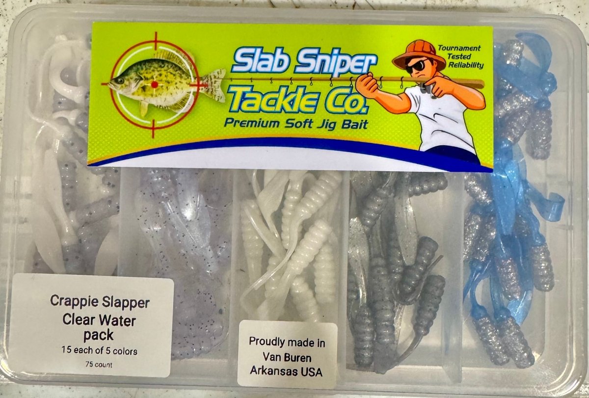 Small plastic box with different colors of crappie jigs. Slab sniper logo on the lid