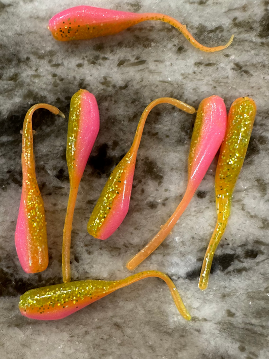 Minnow shaped soft plastic crappie jigs two color silver glittered chartreuse back and pearl pink belly