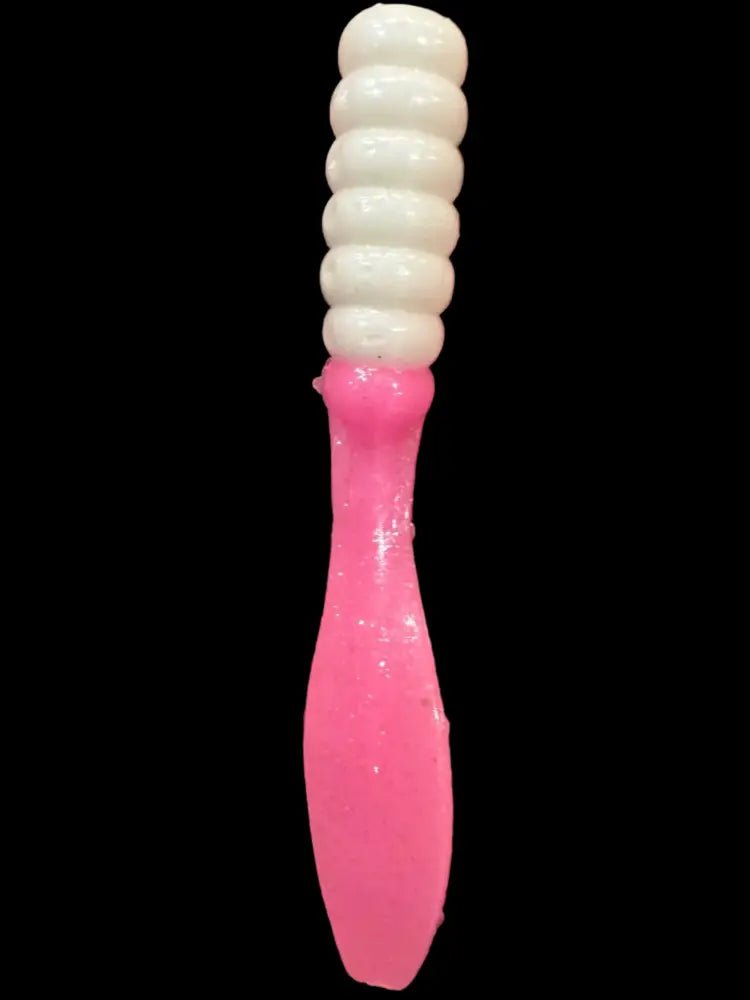 Soft plastic Crappie jig 2 inches long with a frosty white colored head and pearl pink flat beaver tail